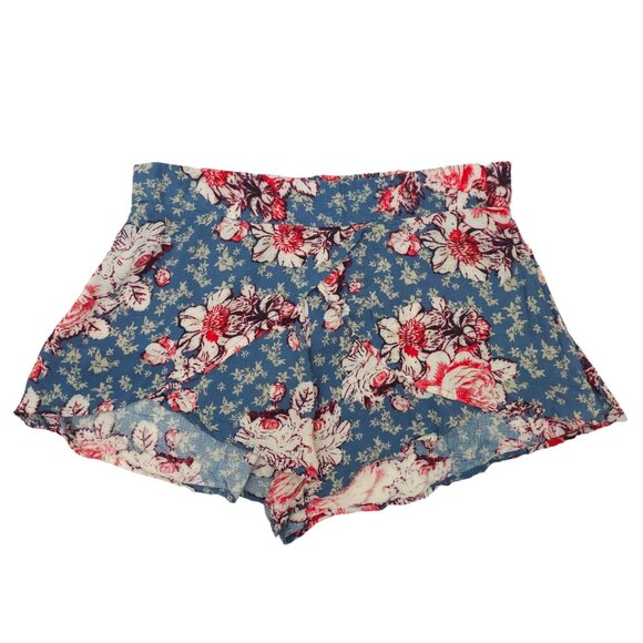 Free People Floral Ruffle Draped Elastic Waist Tap Shorts Womens Size M Blue Red - Picture 1 of 16
